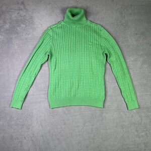 IZOD Sweater Womens Medium Green Turtleneck‎ Cable Knit Cotton Pullover Classic